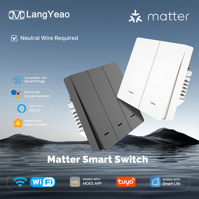 LangYeao Matter WiFi Smart Light Switch EU Standard, 1/2/3 Gang 10A Works with Tuya Apple HomeKit Alexa Google Home