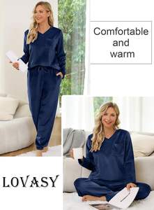 Ensemble de pyjama en polaire pour femme Lovasy, taille élastique, uni, thermique, chaud, poches moelleuses, manches longues, col en V, 2 pièces, longueur cheville - Product Image 6