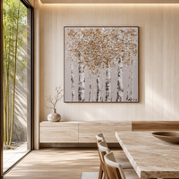 Nouvelle Peinture Murale Tendance en Médiathèque d'Art Mixte, Paysage Abstrait avec Arbre et Feuille d'Or, Décoration Murale et Arts Muraux