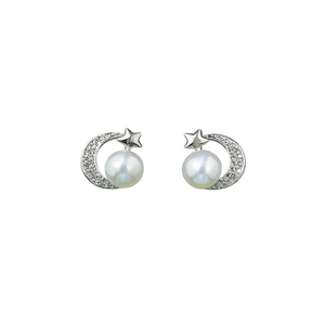 Orecchini a perno con luna e stella, perle finte bianche, argento 925 placcato rodio, gioielli da donna carini per tutti i giorni - Product Image 1