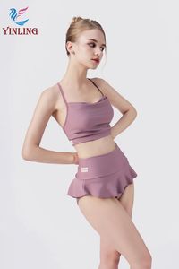 도매 가격 퍼플 매트 나일론 여성 프릴 반바지 폴 액티브 웨어 세트 미드 하이 웨이스트 섹시한 여성 피트니스 댄스 의류 - Product Image 4
