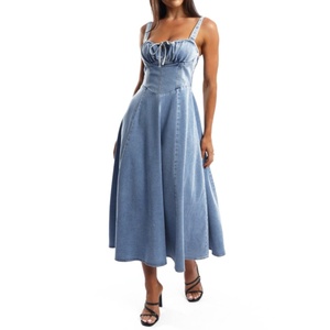 Nouvelle Robe en Jean Décontractée à Col Cœur, Buste Froncé, Dos Noué, Longueur Midi pour Femme - Product Image 1