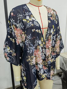 ผู้หญิงพิมพ์ลายดอกไม้พัฟแขนกิโมโนคาร์ดิแกนหลวมคลุมเสื้อลําลองเสื้อ - Product Image 6