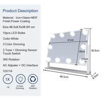 Miroir de maquillage rectangulaire blanc Hollywood avec éclairage, 10 ampoules LED, miroir lumineux, 46 cm, 3 modes de couleur, rotation à 360°