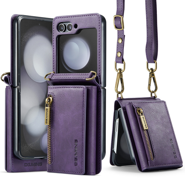 Cross Shoulder Wallet case for Samsung Galaxy Z Flip 5, for Galaxy Z Flip 3/Flip 6 Zipper Flip case Back Cover with Long Rope