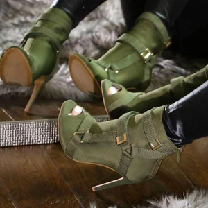 Streetwear Back Zipper Buckle Strap <b>Round</b> Peep <b>Toe</b> Women Ankle Boots Solid Thin High <b>Heel</b> Short Booties for Ladies Big Size 43 - Product Image 3