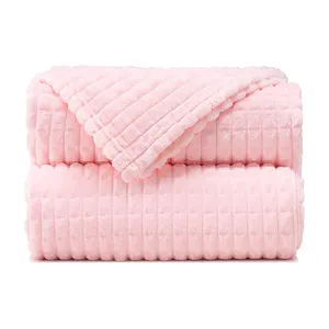 浅粉色华夫饼毯轻质法兰绒羊毛柔软舒适适合床上其他羊毛毯扔
