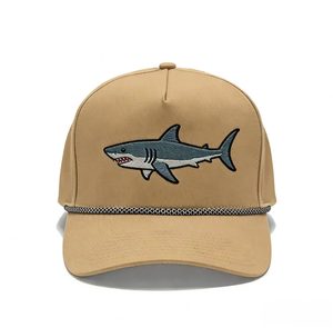 OEM ODM Custom Shark Logo Embroidered 5 Panel Trucker Cap Wholesale Cotton Baseball Hat with Decorative Rope - Product Image 1
