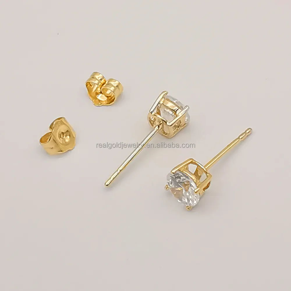 New Design 14K Au585 Solid Gold Yellow 4mm - 9mm Cubic Zircon Studs Earrings for Women Wedding Engagement Gift Gemstone Custom