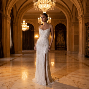 Robe de mariée vintage élégante en satin perlé, coupe trapèze, décolleté sans bretelles, longueur ras du sol, en tulle, taille naturelle, fermeture éclair ornée de cristaux - Product Image 4