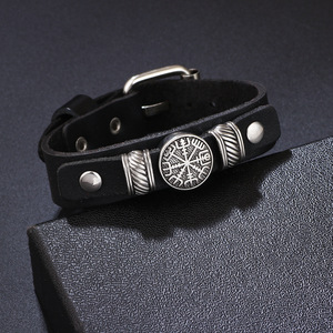 Men's Genuine <b>Leather</b> <b>Bracelet</b> With Compass Snowflake Design Punk Style Jewelry Gift For Men Black Brown Red Green Colors - Product Image 1