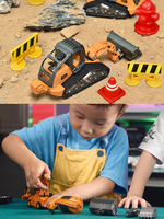 Ensemble de jouets de construction détachable en métal moulé sous pression : Excavatrice, Bulldozer, Rouleau compresseur, Modèles de véhicules d'ingénierie pour enfants avec panneaux routiers