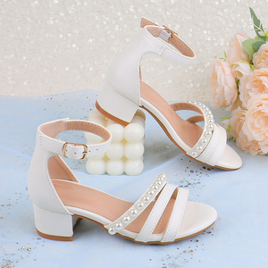 Sandali Estivi Bianchi in PU per Bambine con Tacco a Blocco, Eleganti con Cinturino alla Caviglia e Perle, <span class=keywords><strong>Scarpe</strong></span> da Principessa con Punta Aperta - Product Image 2