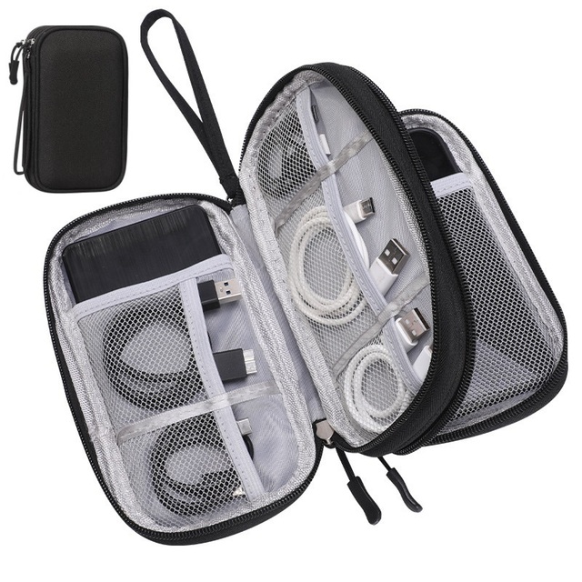 Electronic Organizer, Travel Tech Pouch Bag, Cable Organizer Black Wrist Strap, Waterproof, Double Layers Portable Electronics T