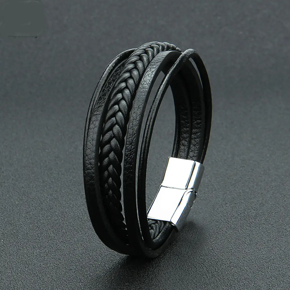 Punk Jewelry Men And Women Unisex Black Leather Cuff Braid Magnetic Clasp Leather Bracelets