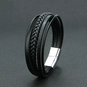 Brazalete de cuero negro Unisex, joyería Punk, pulsera de cuero trenzada con cierre magnético