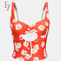 Ensemble bikini tankini à cordon de serrage imprimé marguerites orange pour femme, maillot de bain deux pièces à découpe au niveau du ventre, tenue de plage estivale pour la vente en gros