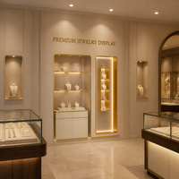 Vitrine murale pour bijoux avec éclairage LED et tiroirs, beige et or, pour boutique, vente en gros
