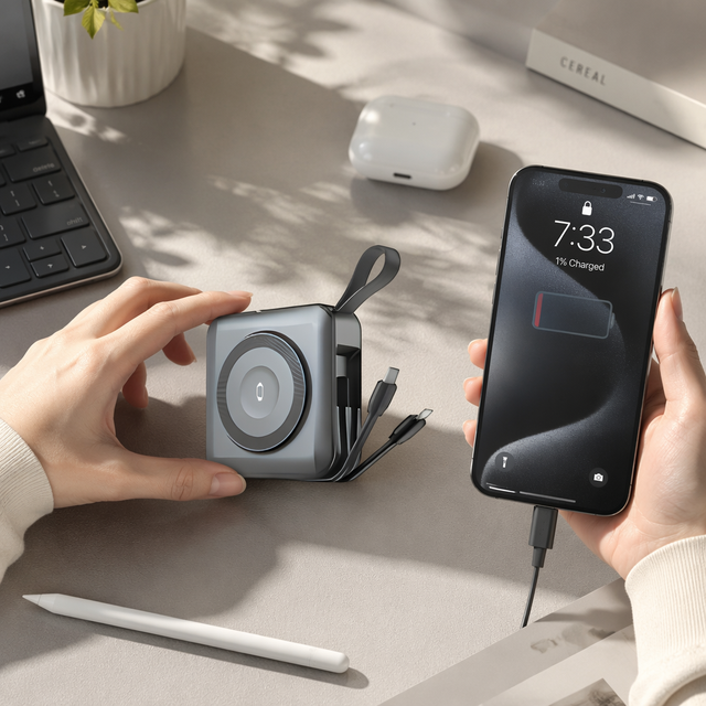 5-in-1 Power Bank 10000mAh AC Wall Plug Built-in Type-C L Cable 22.5W PD Fast Charge Wireless Watch Charger With Holder Travel