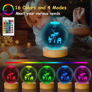 Lampe boule de cristal gravée au laser 3D de 8cm, veilleuse boule de dinosaure en cristal de <span class=keywords><strong>16</strong></span> couleurs avec base en bois et télécommande - Product Image 2