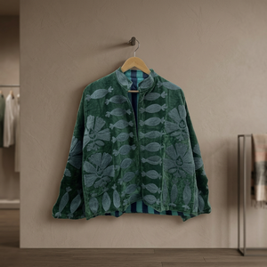 Wholesale Factory Custom <b>Women</b> Heavy Thread Embroidery Forest <b>Green</b> <b>Velvet</b> Breathable <b>Jacket</b> Casual Open Front Stand Collar Long - Product Image 2