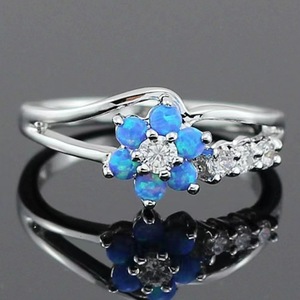 Anillo de Ópalo con Forma de Flor y Diamantes, Joyería de Moda para Mujer, Regalo, Blanco, Azul Real, Violeta Oscuro, Engaste de Garras - Product Image 1