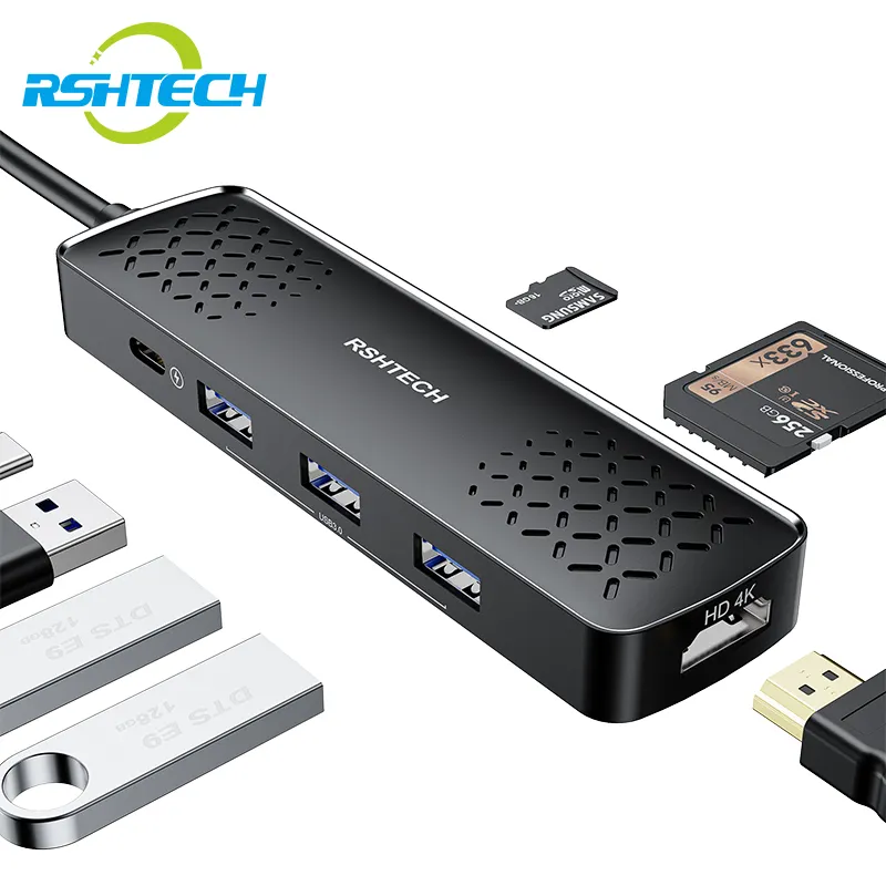 Rshtech Video USB C Multiport Adapter 7 trong 1 hub USB chuyển đổi 100W PD sạc SD/TF Đầu Đọc thẻ 7 trong 1 USB C HUB cho PC