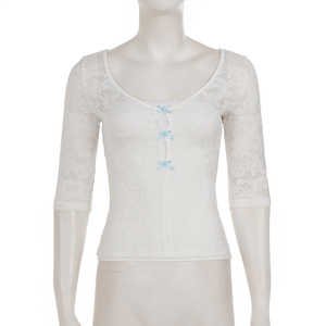 Top de encaje con lazo y cuello en V, estilo puro, semitransparente, ajustado, a la moda, informal, de media manga para mujer - Product Image 6