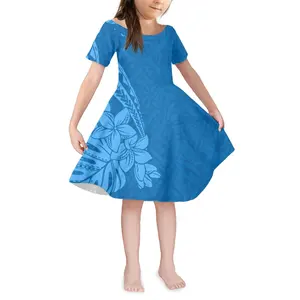 navy blue hawaii tropical plumeria flowers crewneck short sleeve kids dress polynesian tribal design little girl frilly dress