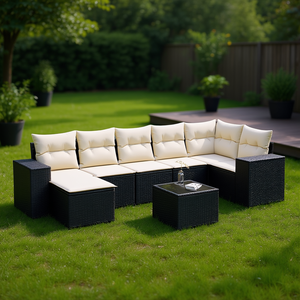 Ensemble de canapés de jardin en rotin noir avec coussins crème, mobilier d'extérieur au design contemporain, résistant à l'eau et aux UV, en matériau PE - Product Image 2
