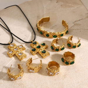 Cross Shape Zinc Alloy Huggie <b>Earrings</b> With <b>Green</b> Stones Party Jewelry Set - Product Image 4