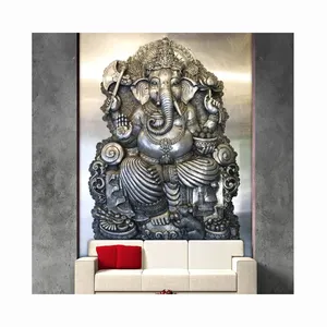 Decoración de pared personalizada para el hogar, estatua de Ganesha dorada de Metal, papel tapiz, estatuas de bronce de Ganesha, alivio de pared