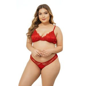 Set Intimo Sexy Personalizzato Taglie Forti in Pizzo <span class=keywords><strong>Rosso</strong></span> <span class=keywords><strong>Trasparente</strong></span> Comodo <span class=keywords><strong>Reggiseno</strong></span> e Slip - Product Image 1
