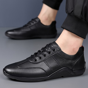 White Leather Men's Driving Shoes Round Toe Lace-up Soft <b>Rubber</b> Sole Casual Business Style - Product Image 3