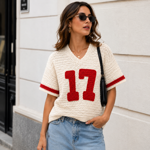 Wholesale Customizable Women's Winter Team Color Crochet Football Jersey Blank Knit 100% Cotton Custom <b>Logo</b> Front Embroidery - Product Image 1