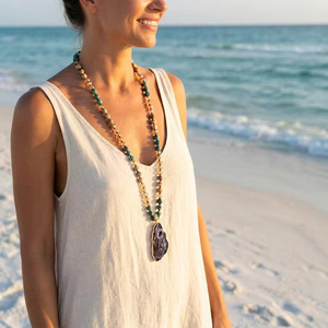 <span class=keywords><strong>Collana</strong></span> da Donna Bohemien con <span class=keywords><strong>Ciondolo</strong></span> Irregolare in Diaspro Pic da 8mm, Turchese Africano e Drusa Annodata Lunga - Product Image 1