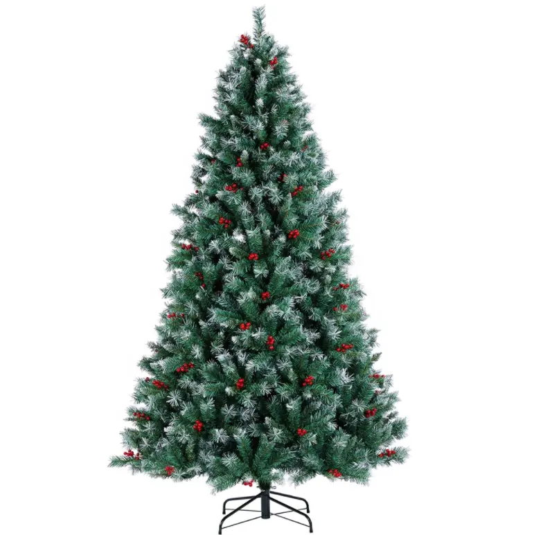 Unlit 7.5ft full size Mixed PVC Hinged Snow Frosted Christmas Tree With red berries