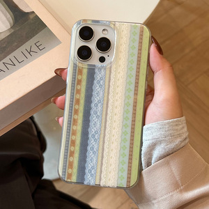 Étui de téléphone portable antichoc en silicone sculpté à rayures en dentelle rétro française pour <span class=keywords><strong>iPhone</strong></span> 16/17 - Product Image 1