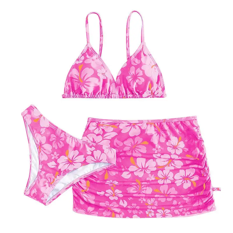 Sweet Flora Graphic 3pcs Bikini Swimwear Set Girls Casual Cute Bathing Suit Summer Hawaii Beachwear