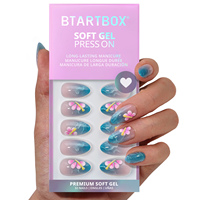 BTArtbox doux Gel XCOAT 3D Floral presse sur les ongles en gros court amande fait à la main bleu français pointe faux ongles