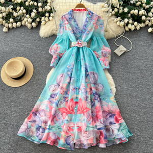 ชุดเดรสแขนยาวพิมพ์ลายวินเทจสำหรับผู้หญิง ชุดฤดูใบไม้ผลิ ชุดเดรสยาวทรงเข้ารูปผูกเอวหรูหราสำหรับ <span class=keywords><strong>Com</strong></span> - Product Image 3