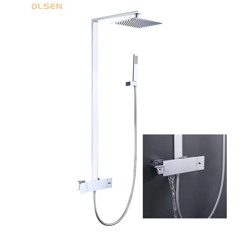 Modern kare tasarım yağış termostatik duş bataryası musluk çift kolu krom pirinç duş başlığı seti sistemi seti banyo için