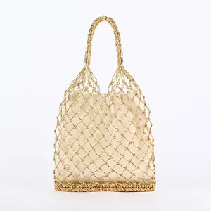 INS neue trendige handgewebte Tasche solide Farbe mit Gold- und Silberfäden, modische handgeführte Wald-Stil Strandstrohbeutel