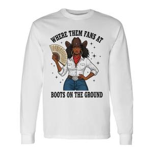 T-shirt western a maniche lunghe con scollo rotondo, stampa digitale unisex per adulti, Boots On The Ground Where Them Fans At - Product Image 1