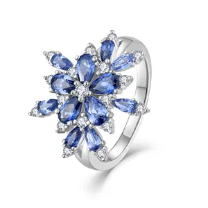 925 sterling silver basking snowflake sapphire ring teardrop shaped blue tanzanite and white zircon ring
