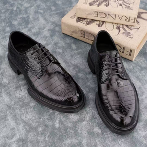 Zapatos formales de hombre de piel de cocodrilo 100% piel de cocodrilo genuina Zapatos de vestir negros con cordones y punta redonda - Product Image 1