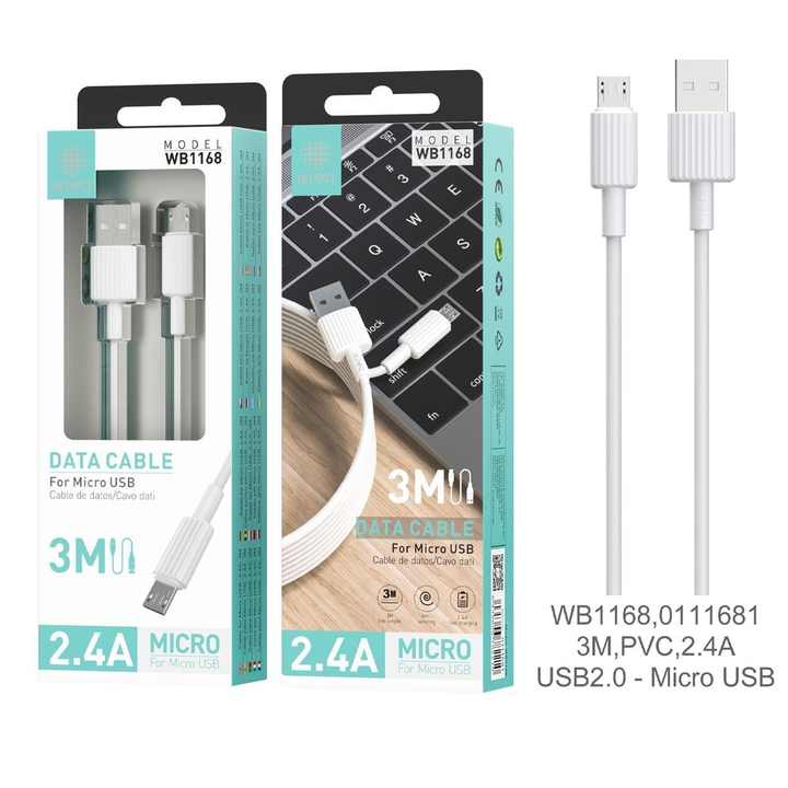สายเคเบิล Micro USB 3M 2.4A Blanco