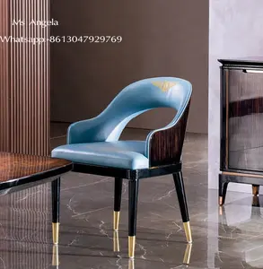 现代意大利餐厅餐厅椅酒店豪华蓝色皮椅铬金属腿乌木贴面餐椅