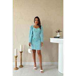Vestido ajustado azul a cuadros, cintura alta, cuello cuadrado, estilo vintage, lavable, informal, para fiesta - Product Image 5