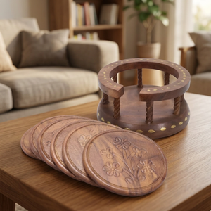 Ensemble de sous-verres ronds en bois de manguier de style classique, faits à la main, gravés de motifs floraux, épaisseur 5 mm, décoration de table vintage - Product Image 1